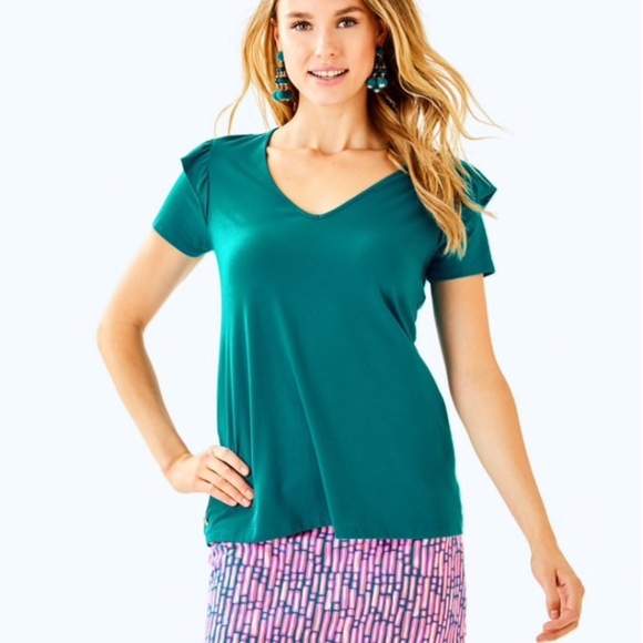 Lilly Pulitzer Teal Ruffle SAMIRA V Neck Shirt XS - Picture 8 of 8